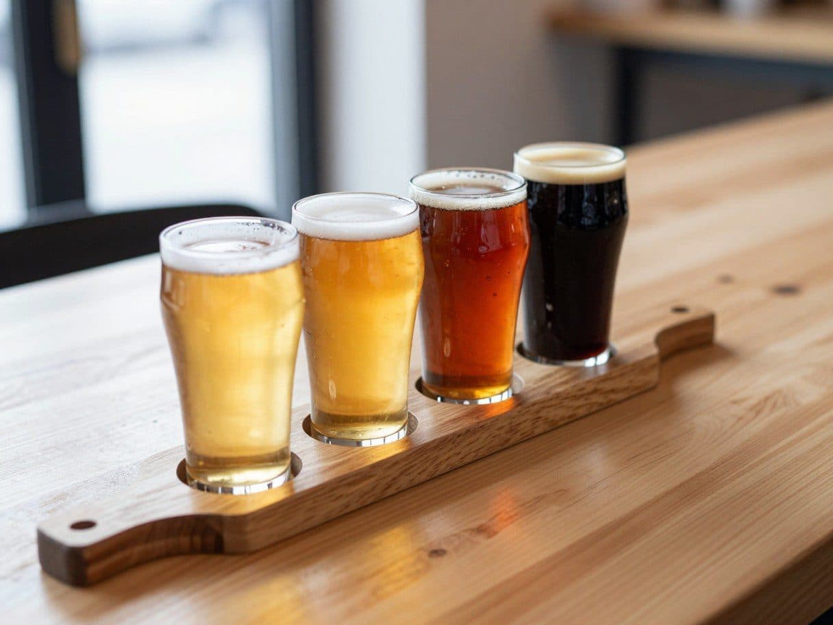 A flight of four beers from pale to dark on a wooden paddle