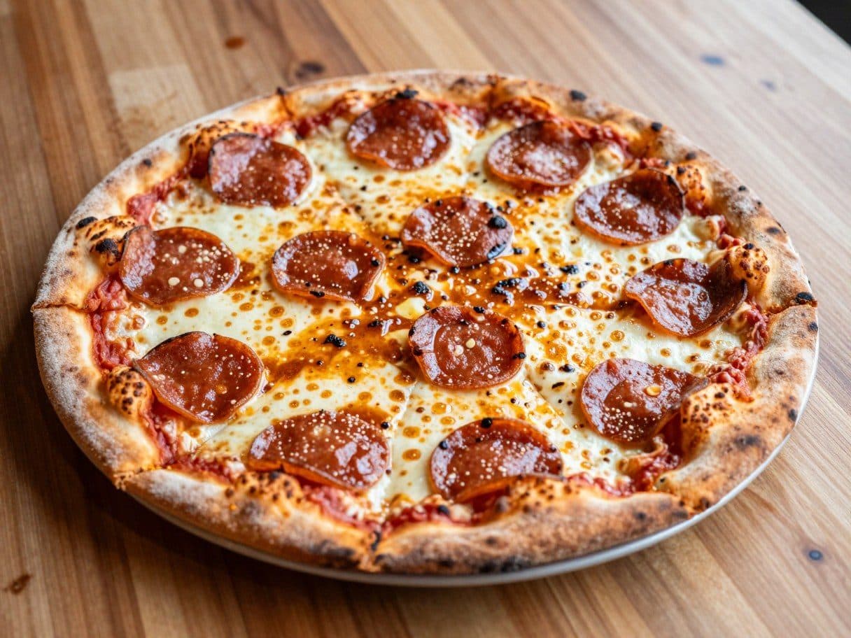 A whole pepperoni pizza fresh from the oven